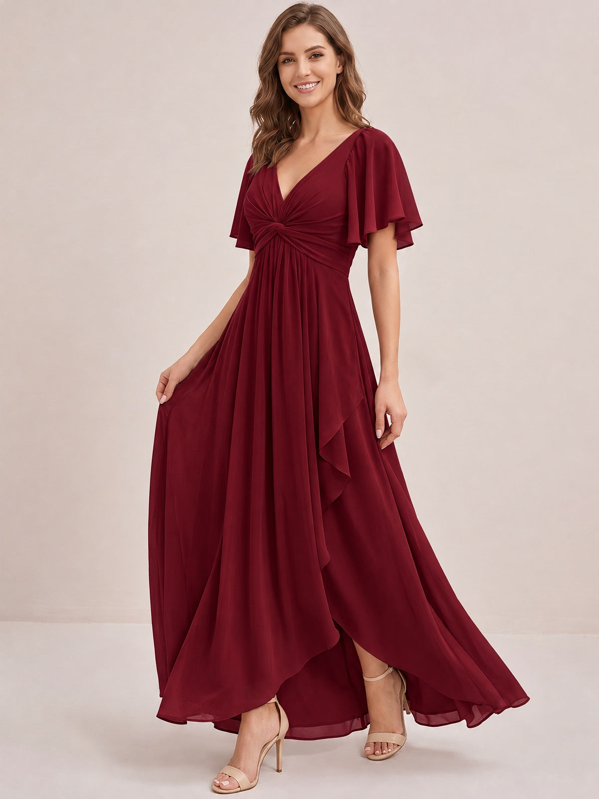 Dusty Blue Chiffon Bridesmaid Dress with Flutter Sleeves & High-Low Hem