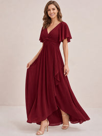 Dusty Blue Chiffon Bridesmaid Dress with Flutter Sleeves & High-Low Hem