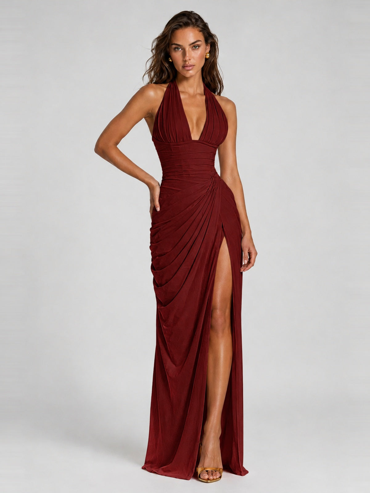 Ruched Halter Neck High-Slit Prom & Evening Dress