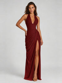 Ruched Halter Neck High-Slit Prom & Evening Dress