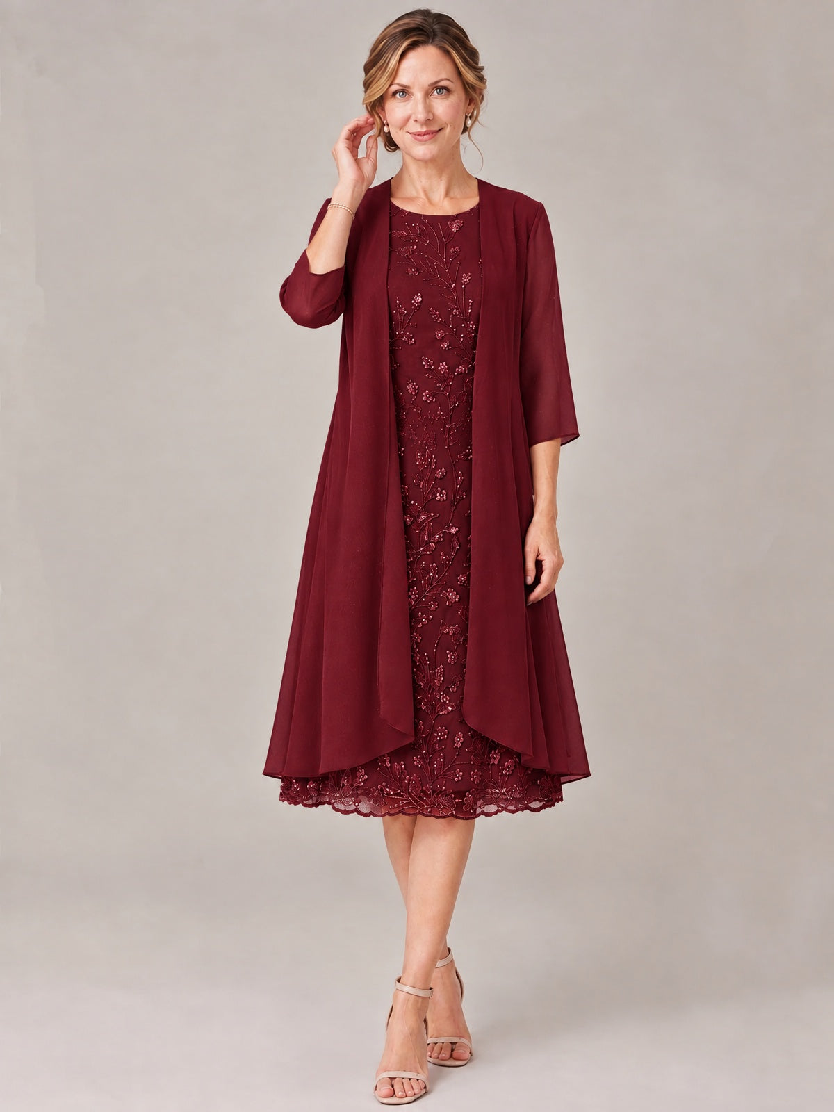 Tea Length Sequin Lace Mother of The Bride Dress with Chiffon Jacket