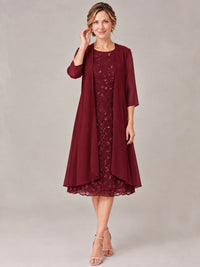 Tea Length Sequin Lace Mother of The Bride Dress with Chiffon Jacket