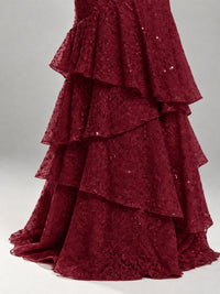 Halter Tiered Mermaid Prom Dress with Sparkly Lace