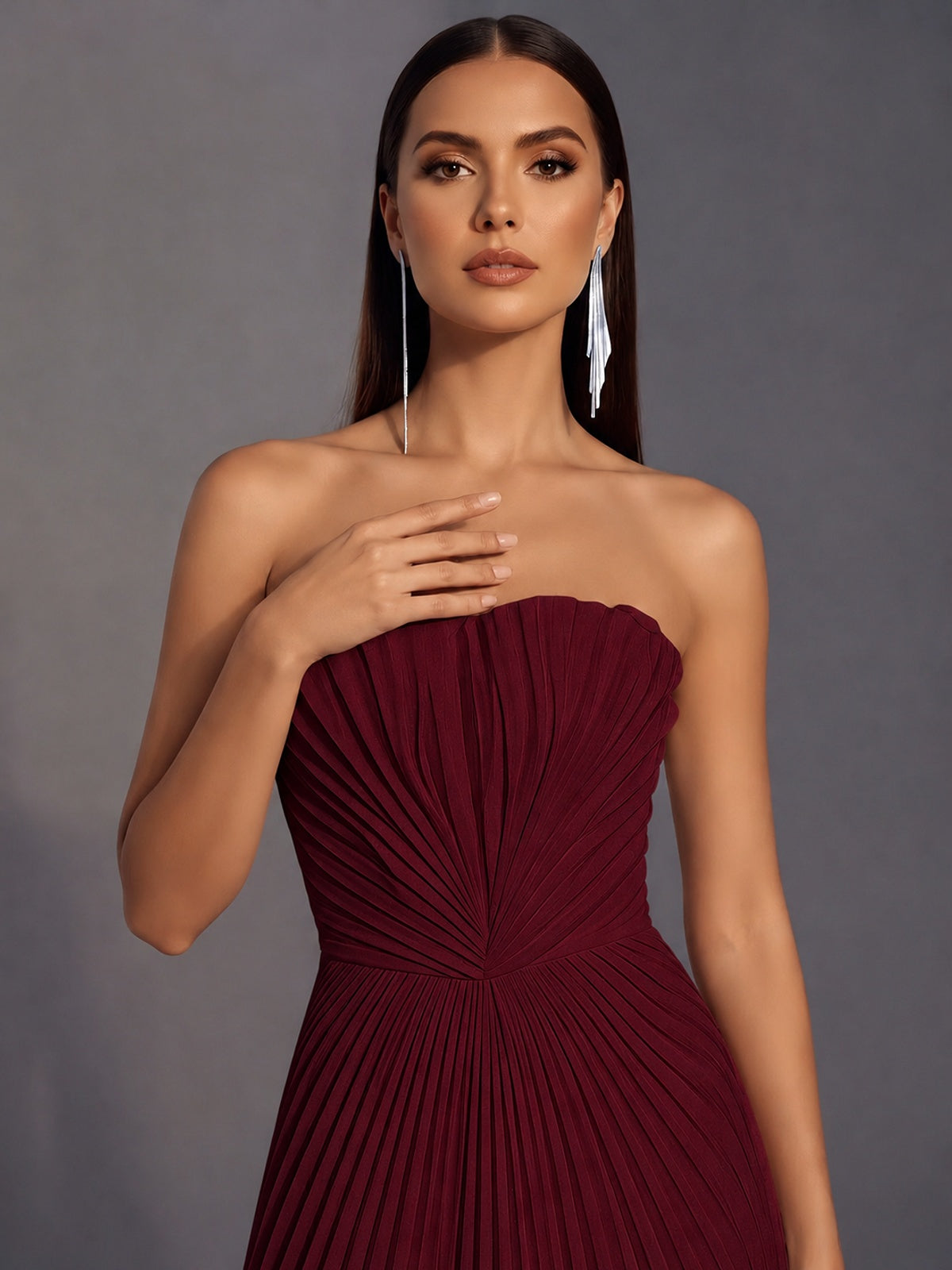 Strapless A-line Long Pleated Satin Prom Dress