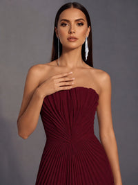 Strapless A-line Long Pleated Satin Prom Dress