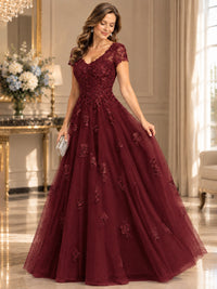 Lace Appliques A-line Mother of The Bride Dresses with Short Sleeves