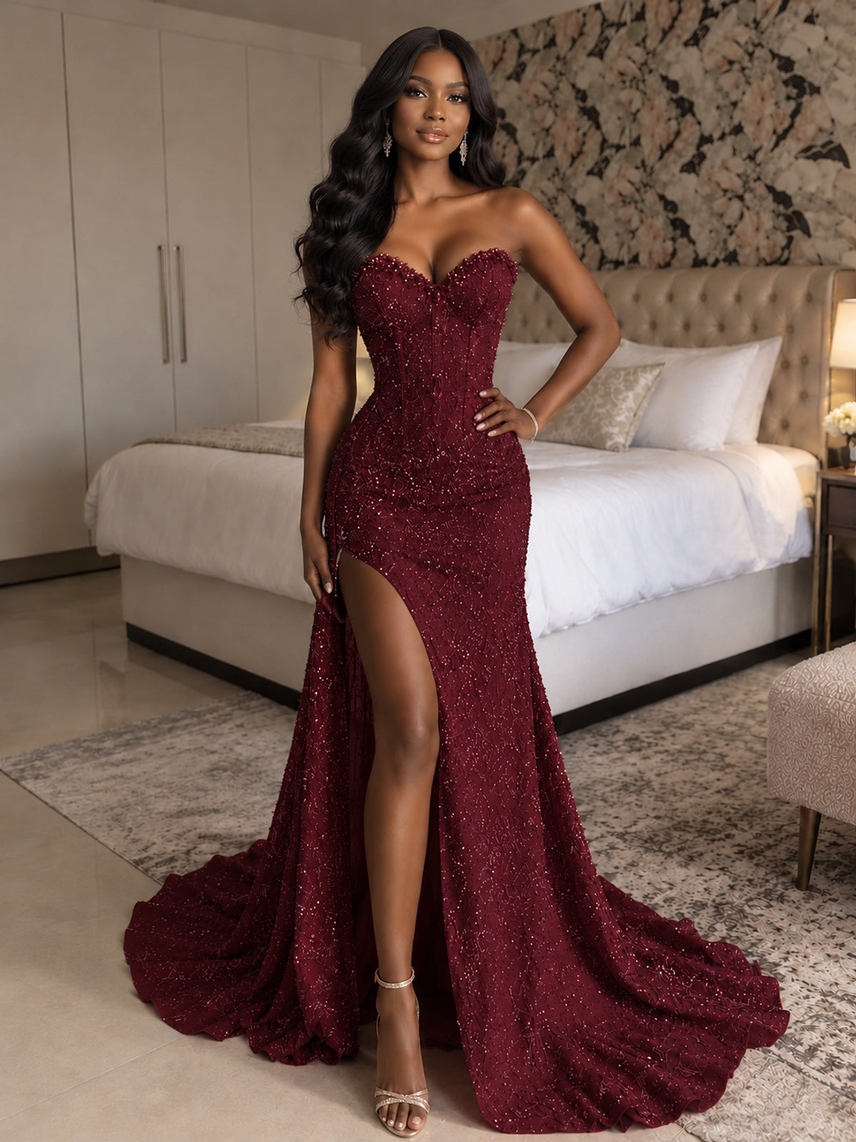 Beaded Sequin Prom Dress Strapless Formal Gowns with High Slit Train