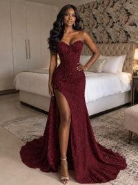 Beaded Sequin Prom Dress Strapless Formal Gowns with High Slit Train