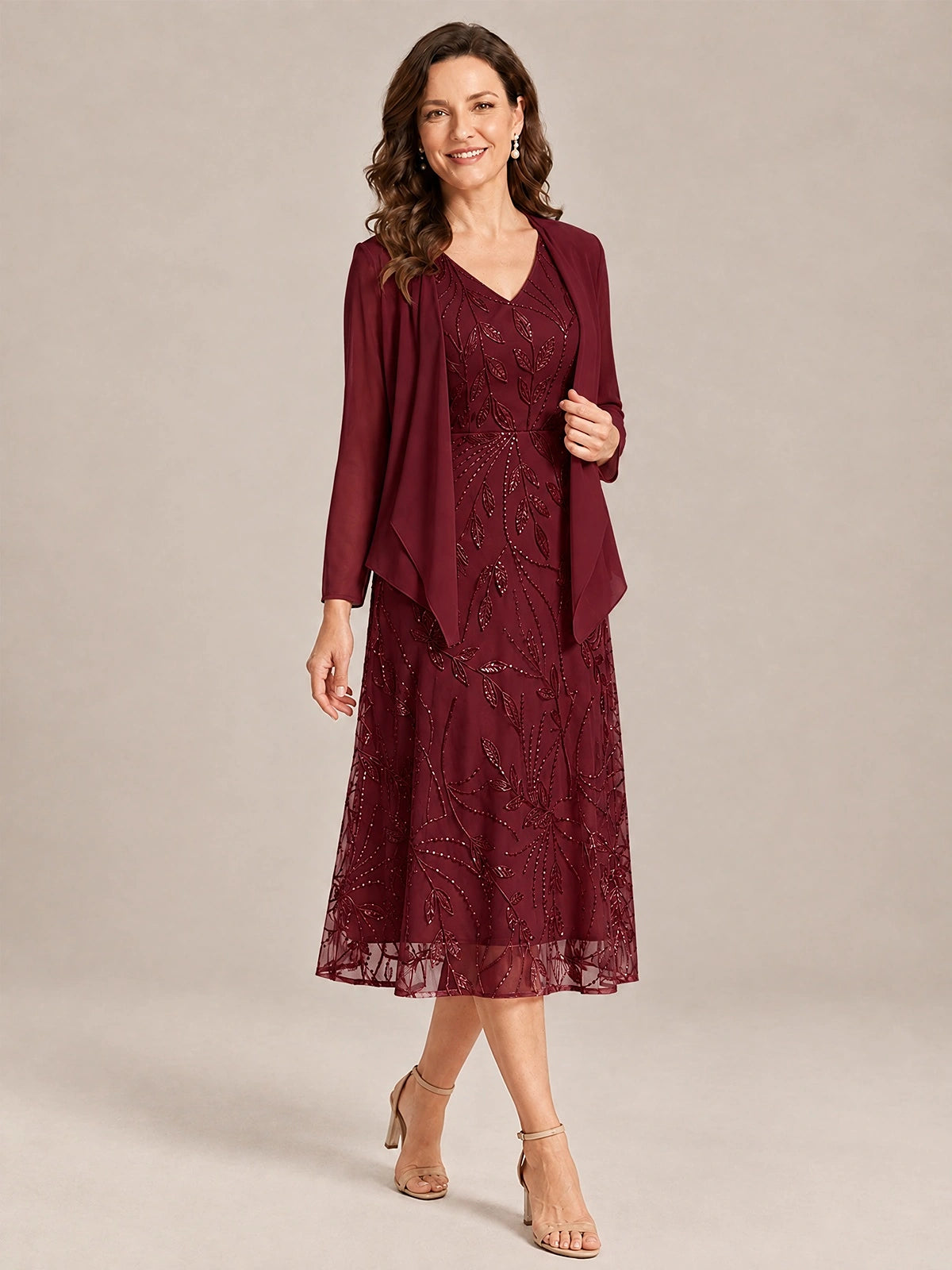 Tea Length Sequin Lace Mother of the Bride Dress with Chiffon Jacket