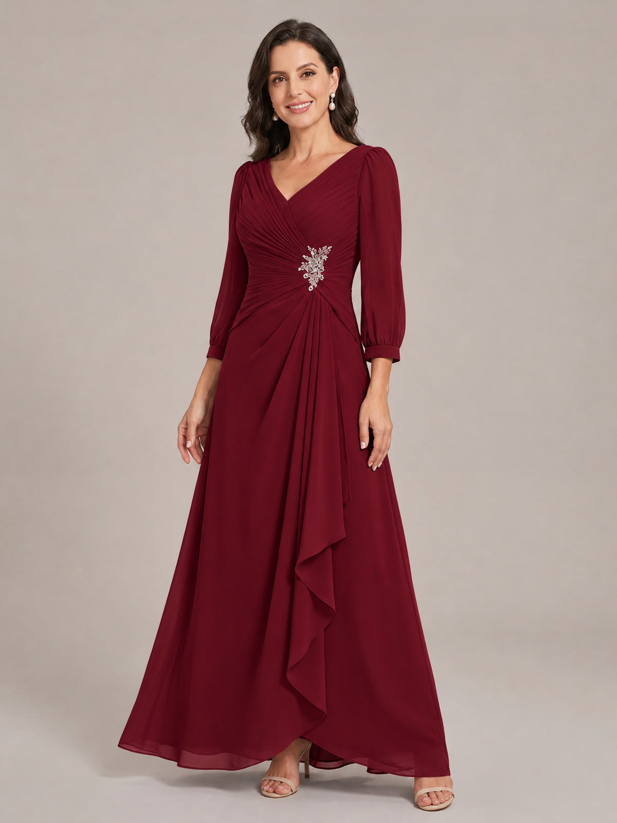 V-Neck Pleated Chiffon Mother of the Bride Dress with Flutter Sleeves