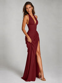 Ruched Halter Neck High-Slit Prom & Evening Dress