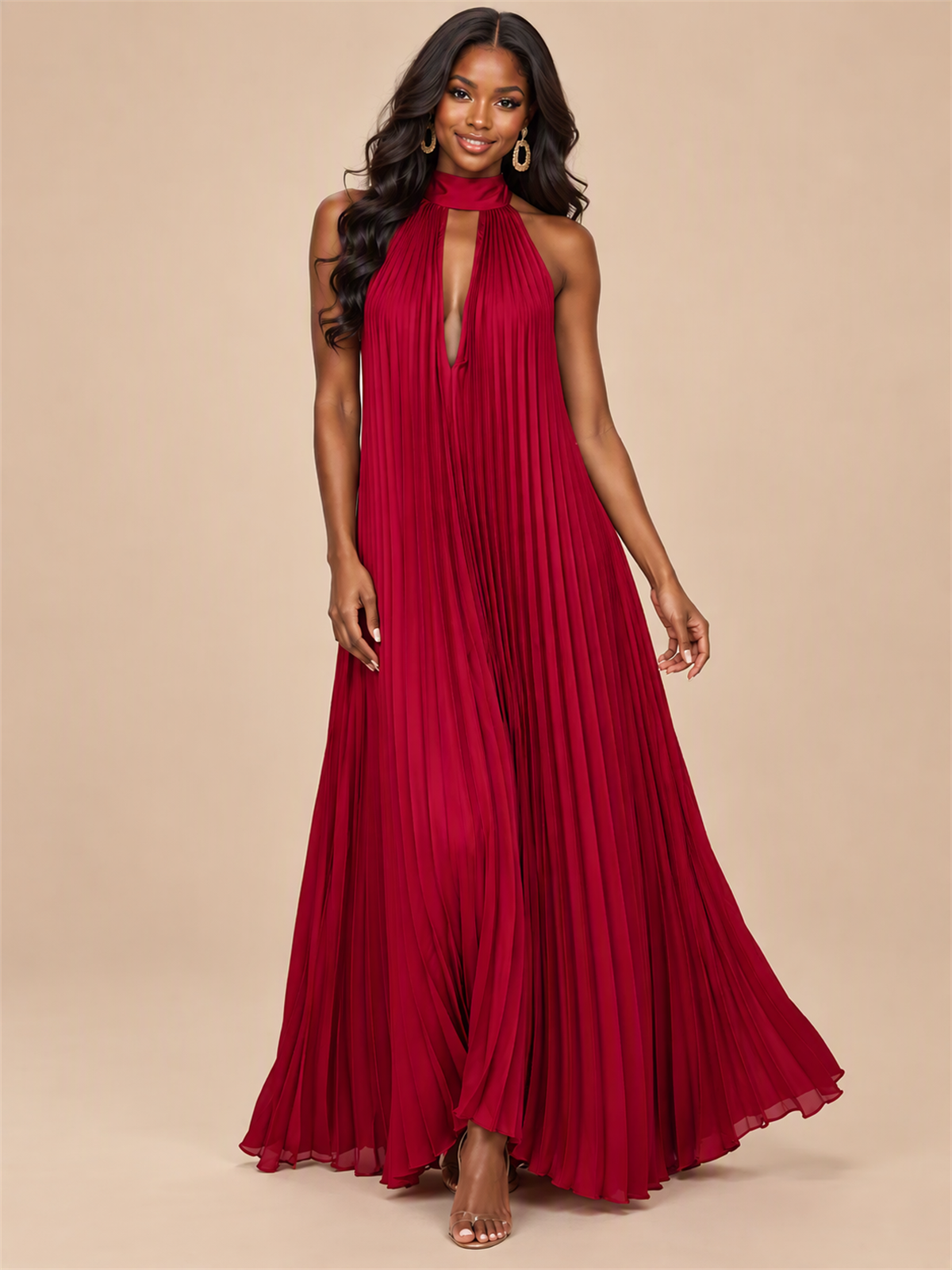 Rust Orange Pleated Halter Neck Maxi Dress