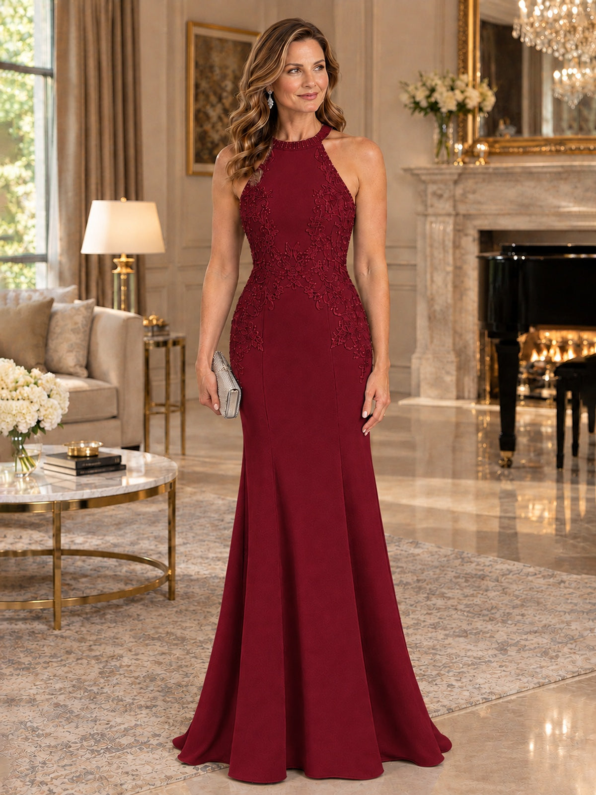 Halter Neckline Lace Appliques Mother of The Bride Dresses