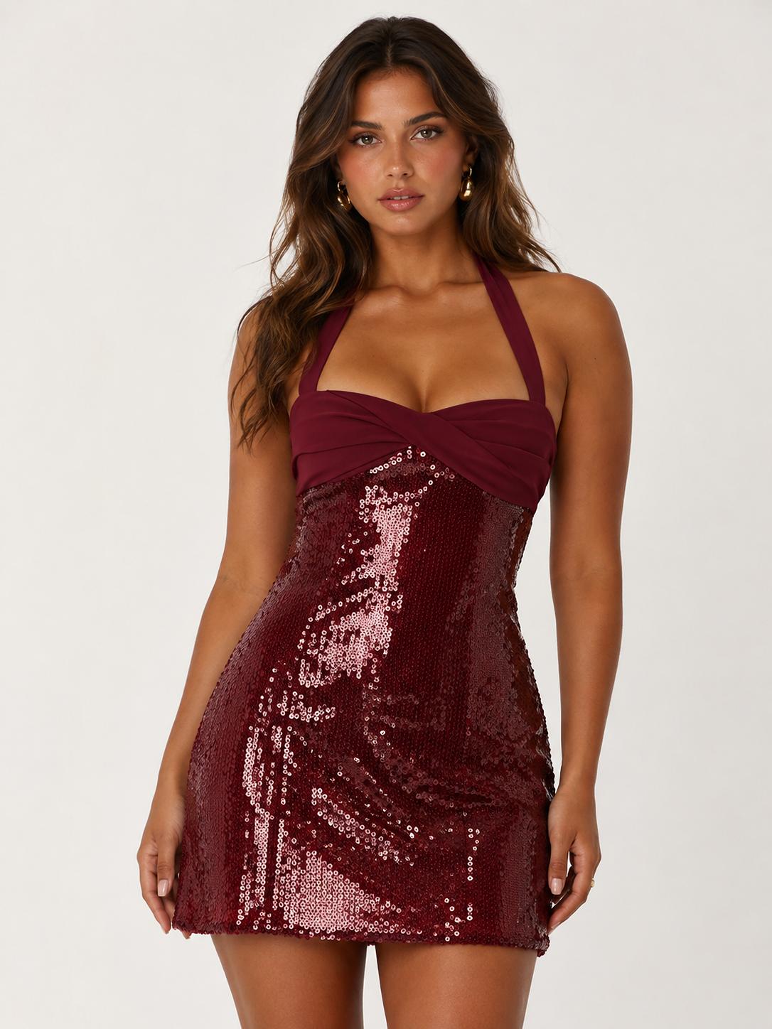 Jovellee burgundy sequin halter bodycon mini dress
