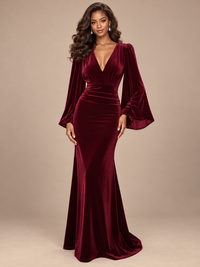 Jovellee burgundy velvet long sleeve maxi dress with plunging V-neckline, ruched waist and floor-length skirt