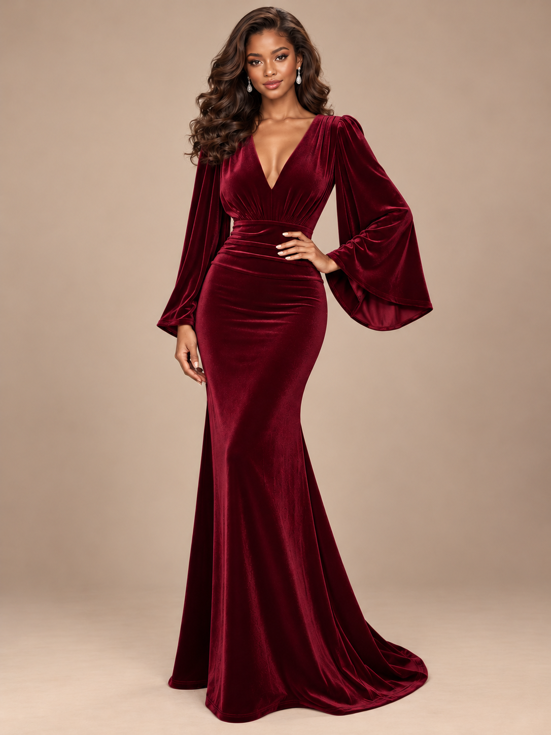 Burgundy Velvet Deep V-Neck Ruched Long Sleeve Maxi Dress