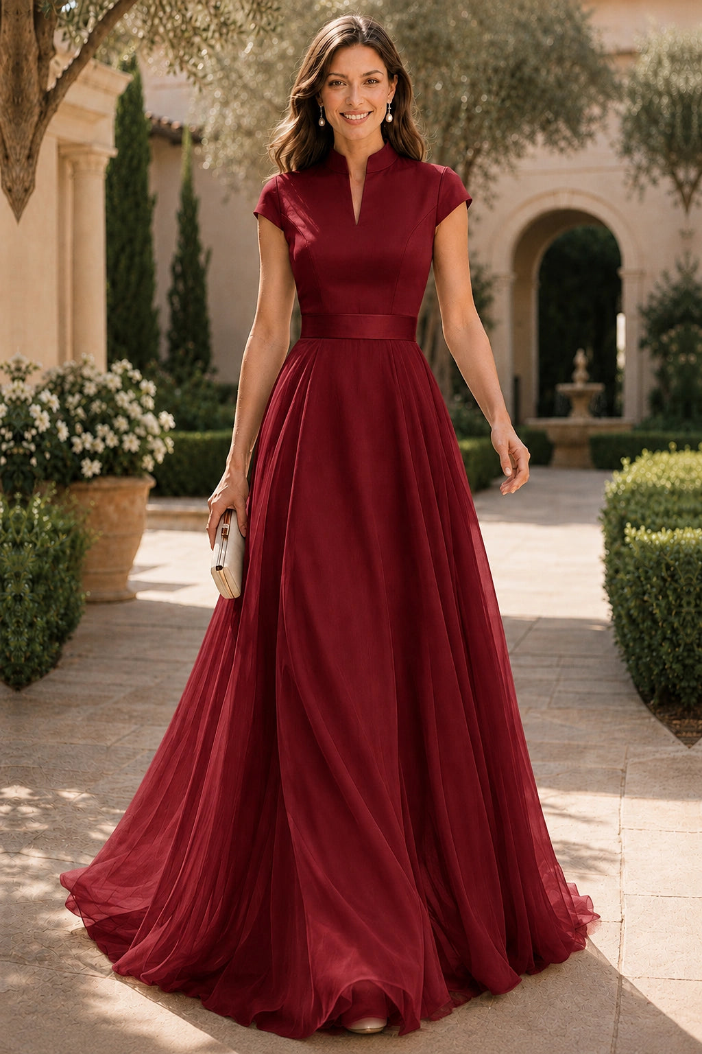 V Neck Cap Sleeve A-Line Floor-Length Satin Bridesmaid Dress