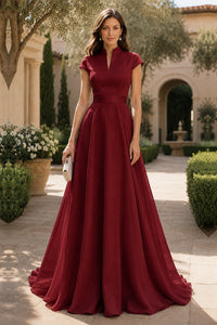 V Neck Cap Sleeve A-Line Floor-Length Satin Bridesmaid Dress