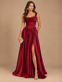 Cowl Neck Pleated Satin Prom Dress with Pockets & Slit Maxi Formal Gowns