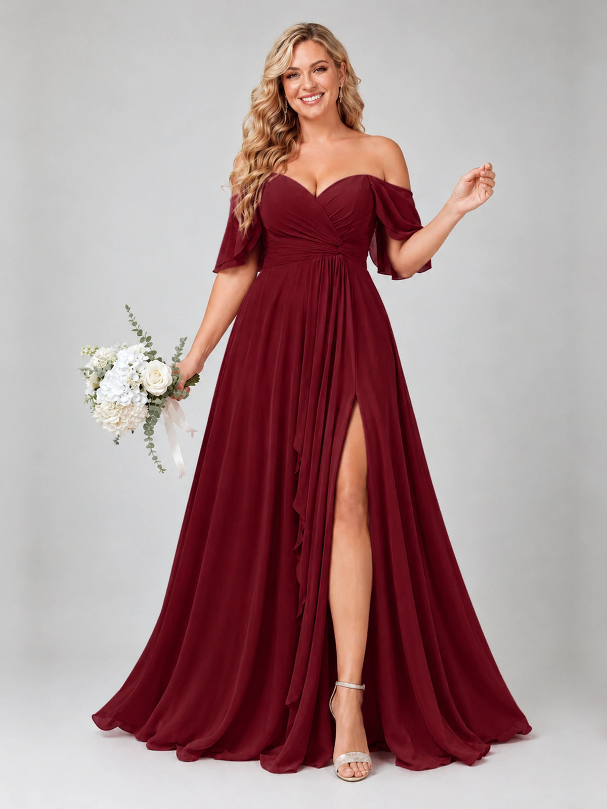 Off Shoulder Chiffon Bridesmaid Dress with Slit