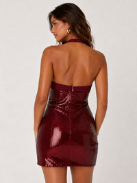 Burgundy halter mini dress back view