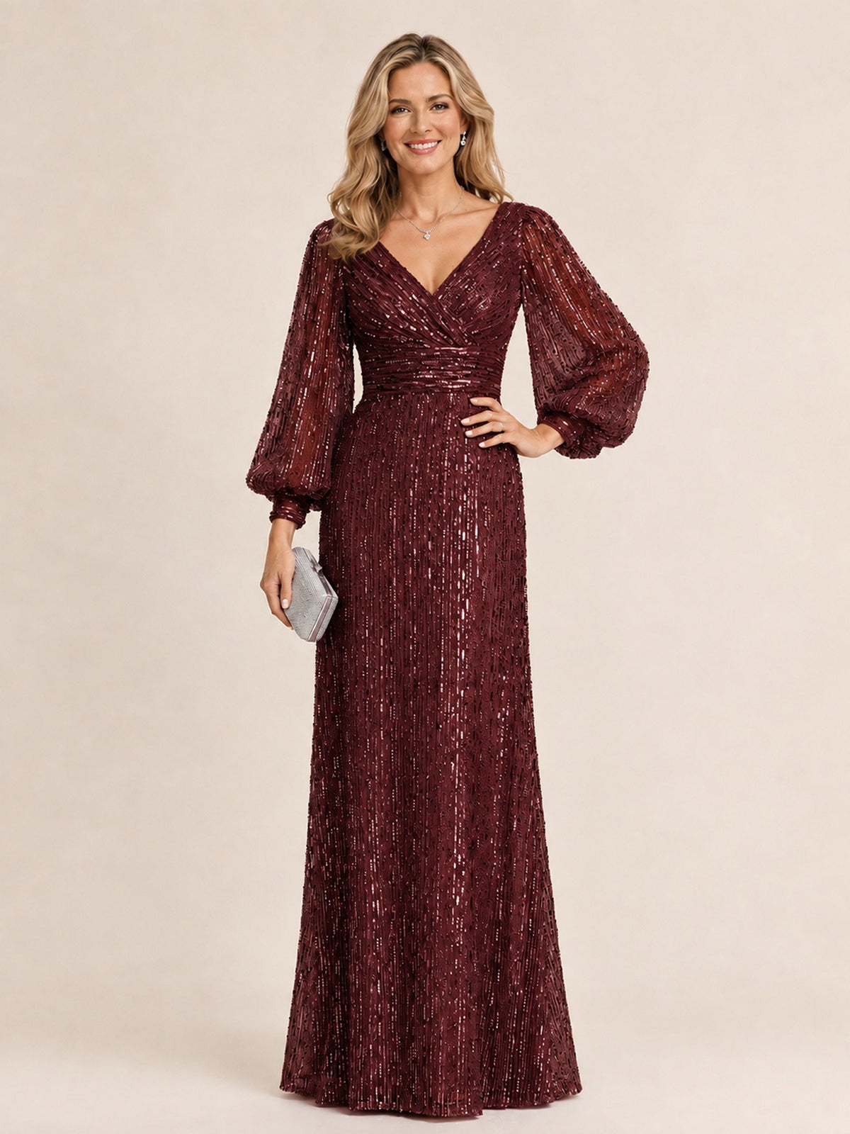 Burgundy Mermaid Sparkle Sequin Mother of The Bride Dresses with Long Sleeves