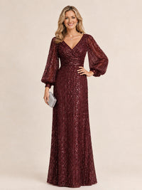 Burgundy Mermaid Sparkle Sequin Mother of The Bride Dresses with Long Sleeves