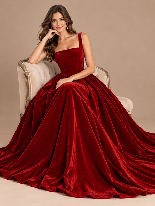 Burgundy velvet A-line evening gown by Jovellee featuring an elegant square neckline and a full flowing skirt