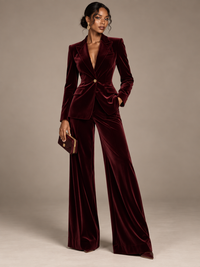 Burgundy velvet blazer and wide leg pants set for women