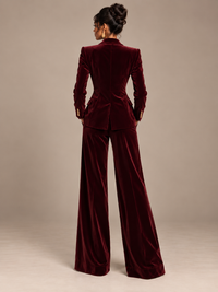 Burgundy velvet blazer suit with wide leg pants for women