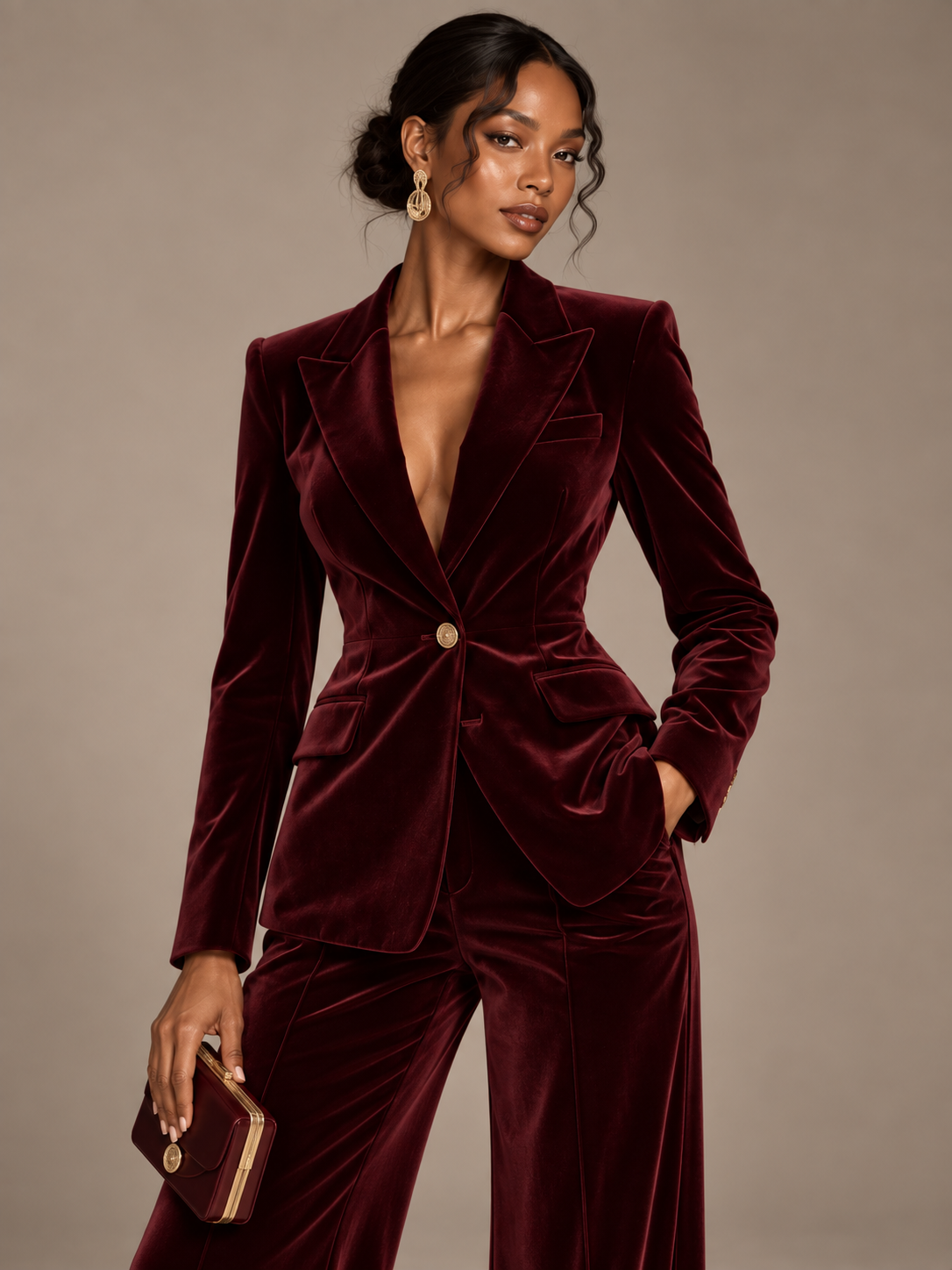 Burgundy velvet blazer with wide leg pants formal outfit