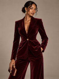 Burgundy velvet blazer with wide leg pants formal outfit