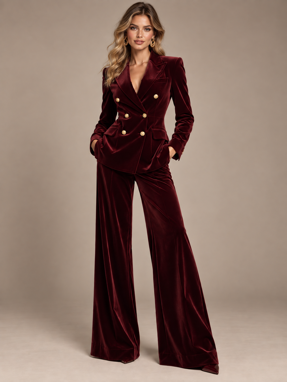 Burgundy velvet double-breasted pantsuit for women