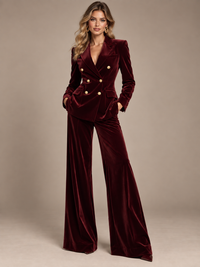 Burgundy velvet double-breasted pantsuit for women