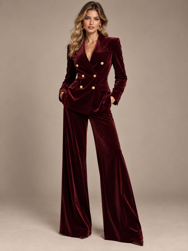 Burgundy velvet double-breasted pantsuit for women