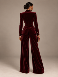 Burgundy velvet pantsuit with tailored blazer and wide leg trousers for women