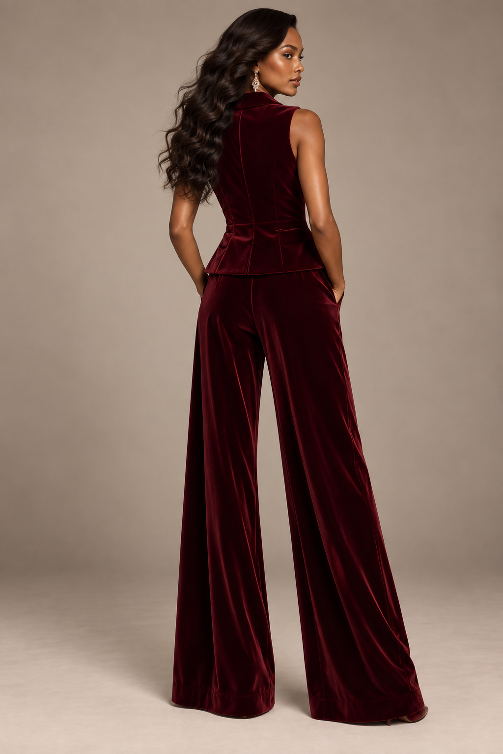 Burgundy velvet vest and pants set back view