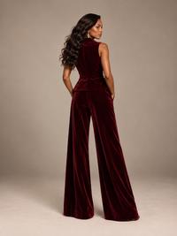 Burgundy velvet vest suit with wide leg pants for women