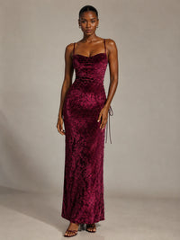 Hot Pink Floral Sequin Cowl Neck Ruched Maxi Dress