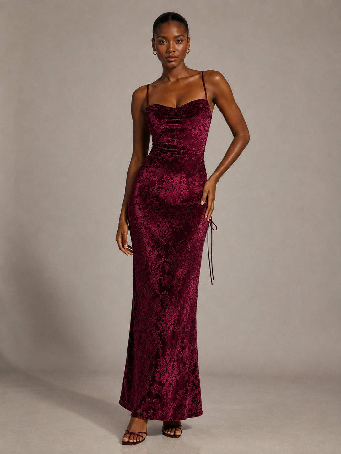 Hot Pink Floral Sequin Cowl Neck Ruched Maxi Dress