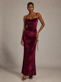 Hot Pink Floral Sequin Cowl Neck Ruched Maxi Dress
