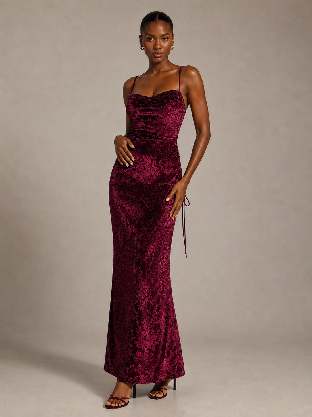 Hot Pink Floral Sequin Cowl Neck Ruched Maxi Dress
