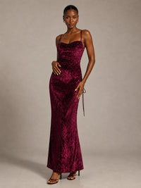 Hot Pink Floral Sequin Cowl Neck Ruched Maxi Dress