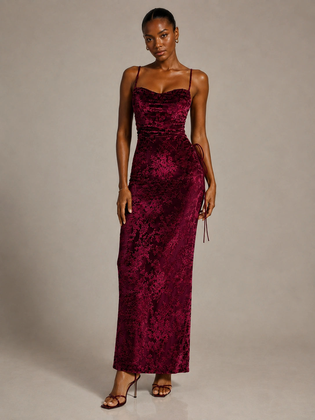 Hot Pink Floral Sequin Cowl Neck Ruched Maxi Dress