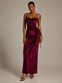 Hot Pink Floral Sequin Cowl Neck Ruched Maxi Dress