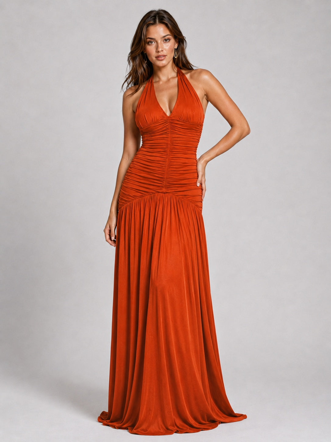 Burnt Orange Ruched Halter Drop-Waist Prom Dress