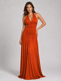 Burnt Orange Ruched Halter Drop-Waist Prom Dress