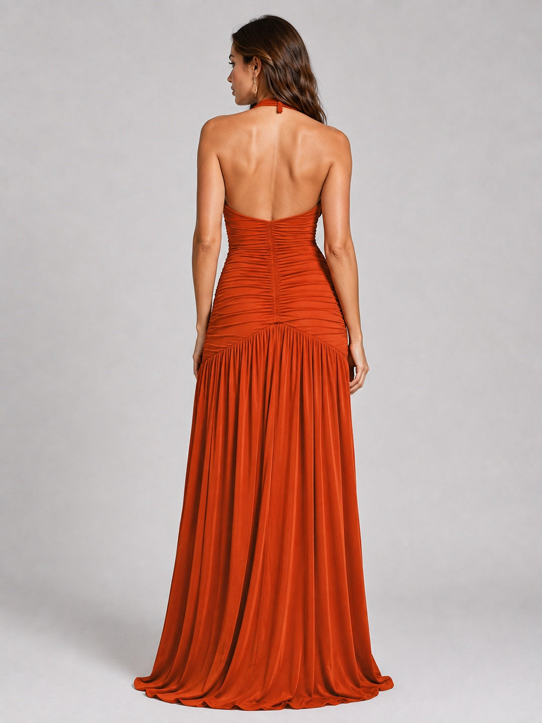 Burnt orange halter prom dress back view