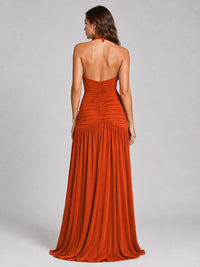 Burnt orange halter prom dress back view
