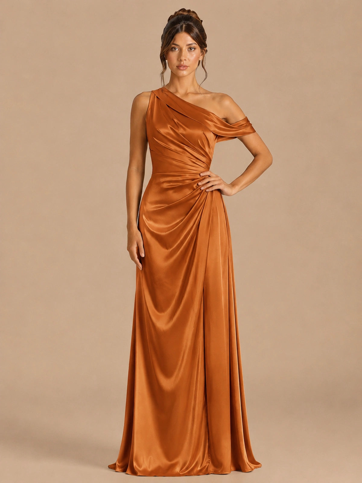 Burnt Orange-satin one shoulder prom dress ruched long formal gow Jovelle